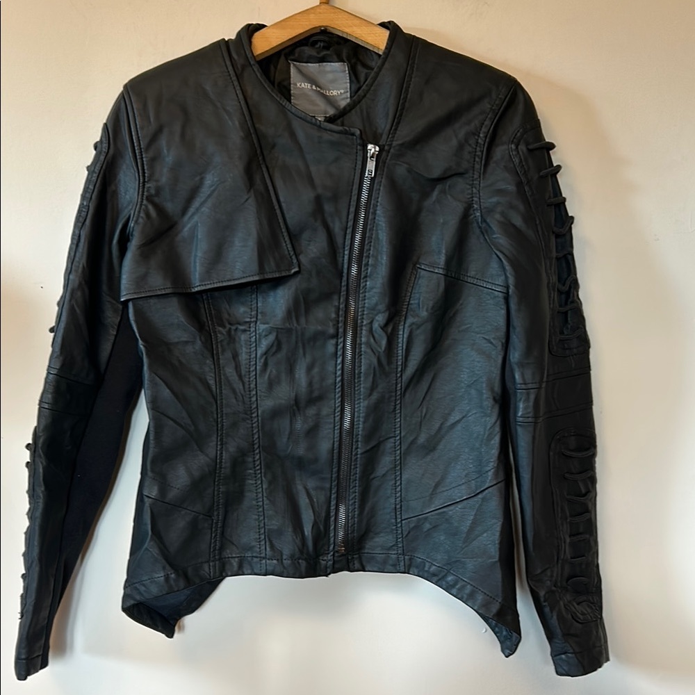 Kate & Mallory black leather look jacket zip front trimmed sleeves size S NWOT